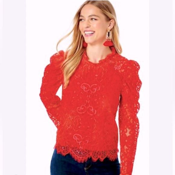 Lilly Pulitzer Averi White Puff Sleeve Top Scalloped Hem Red Hot Pink Two Tone L - Picture 2 of 12